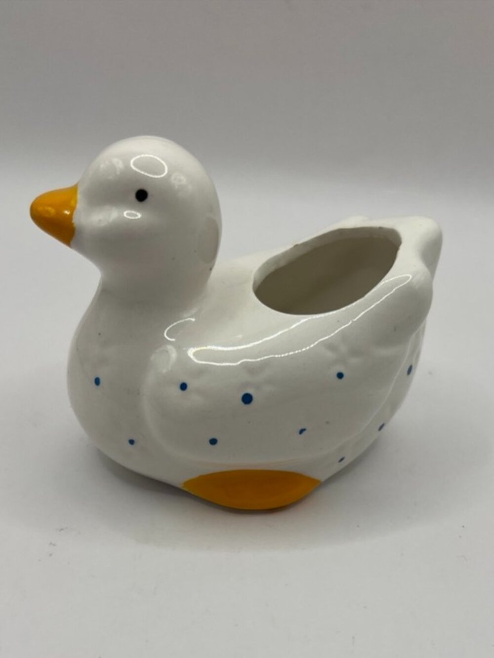 Vtg Country Duck Toothpick Holder Planter Ceramic Blue Dots 2.5” Cottagecore